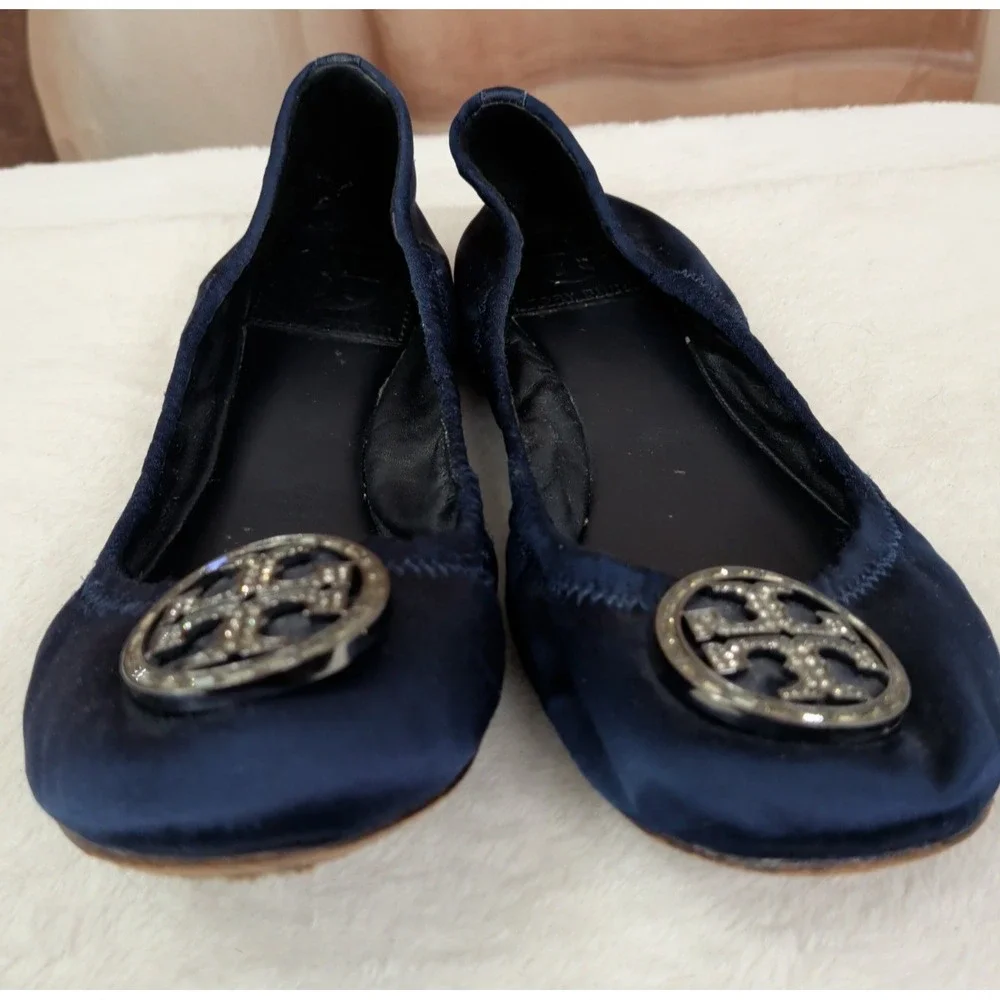 Tory Burch Navy Satin Ballet Flats Slip-On Crystal Logo Accent